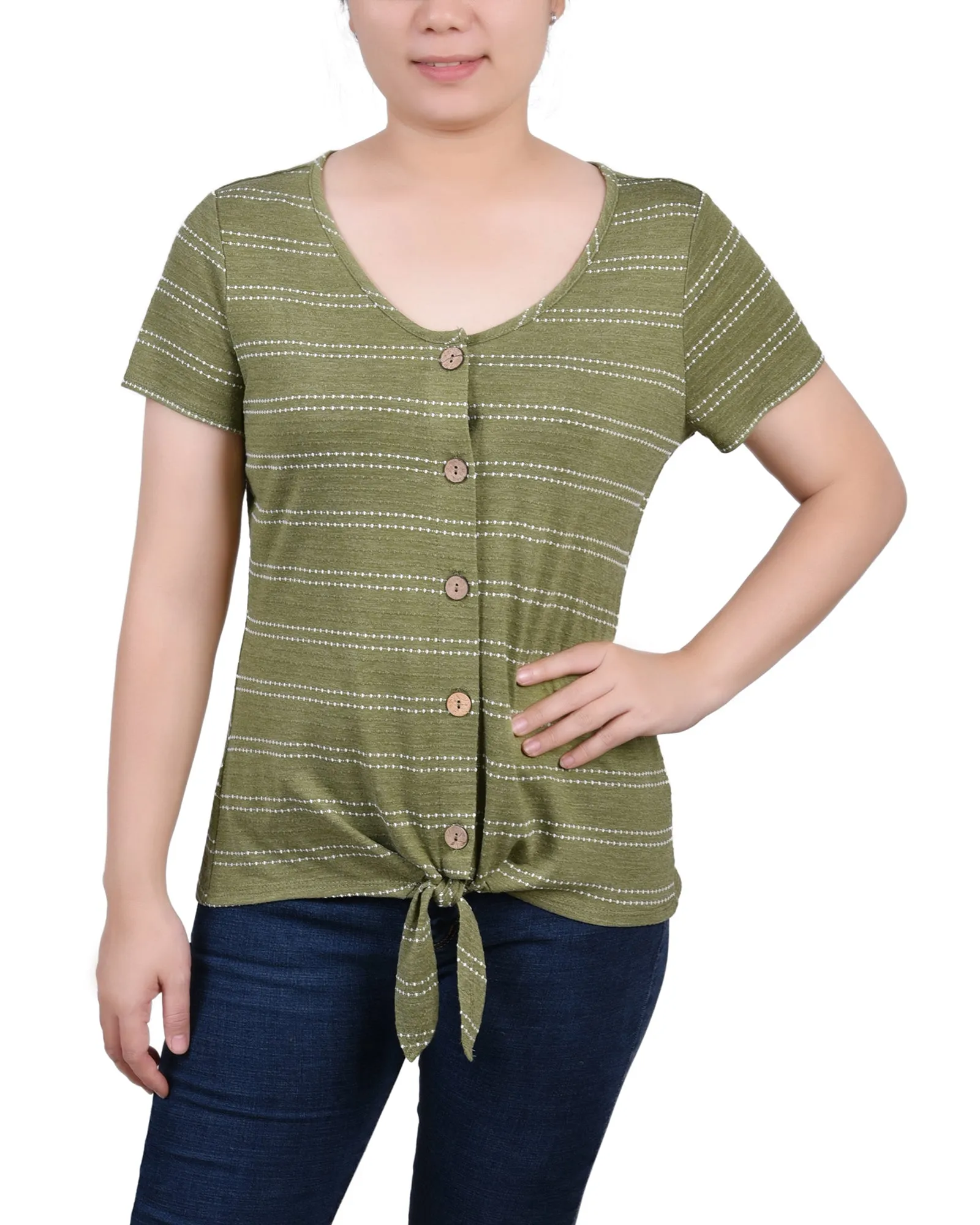 Long Sleeve Tee RibbedHemline Short Sleeve Tie Front Top