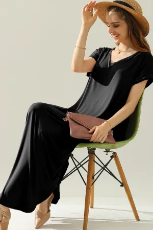Fall Flow Collar Accent SHORT SLEEVE V-NECK MAXI DRESS WITH SIDE SLIT