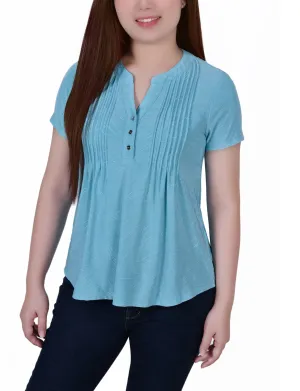 StretchComfortDesign Short Sleeve Y Neck Jacquard Knit Top