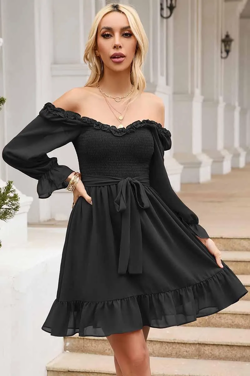 Smooth Texture Tailored Fit SHORT SQUARE NECK FRILL FLARE DRESS