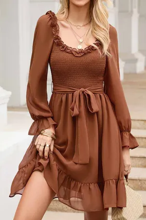 SHORT SQUARE NECK FRILL FLARE DRESS Textured Look