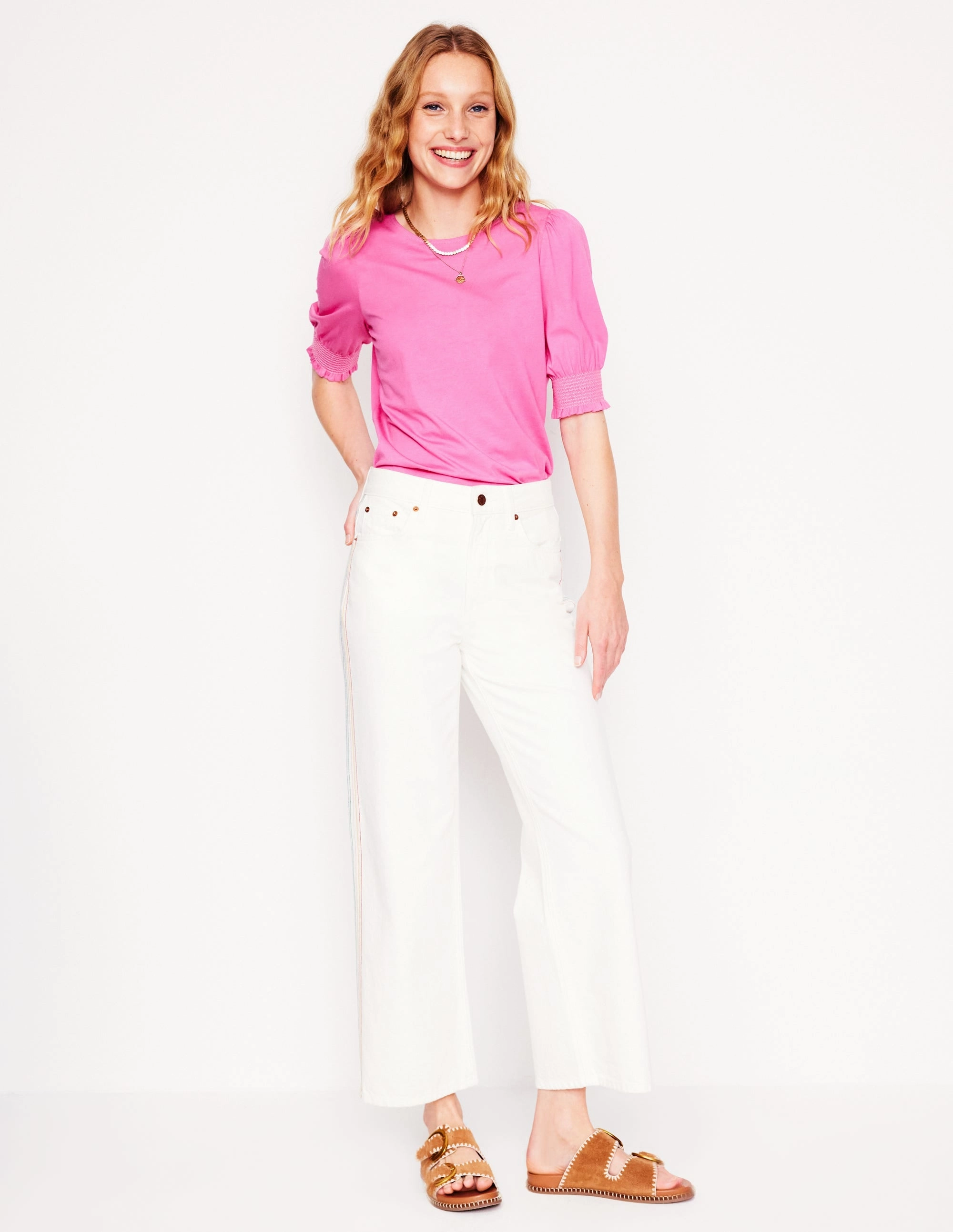 Four Way Stretch Material Short Sleeve Smocked Cuff Top-Tickled Pink
