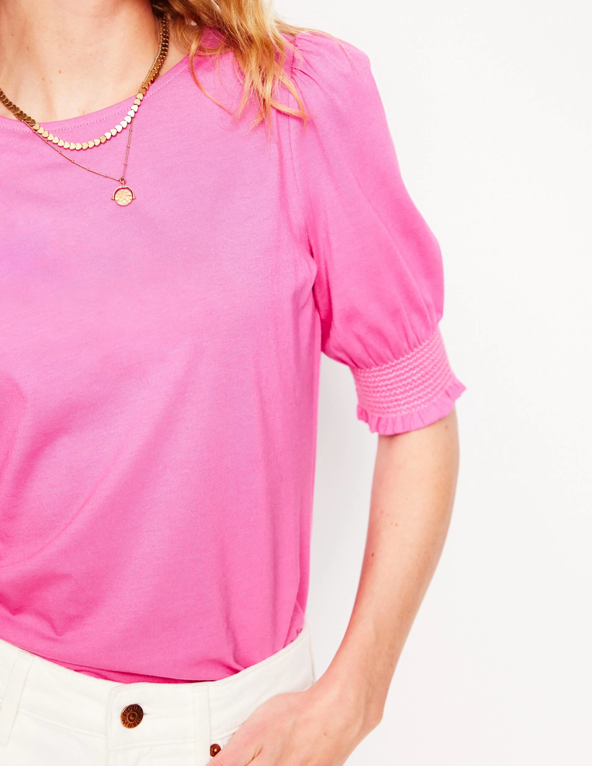 Short Sleeve Smocked Cuff Top-Tickled Pink Hot Weather