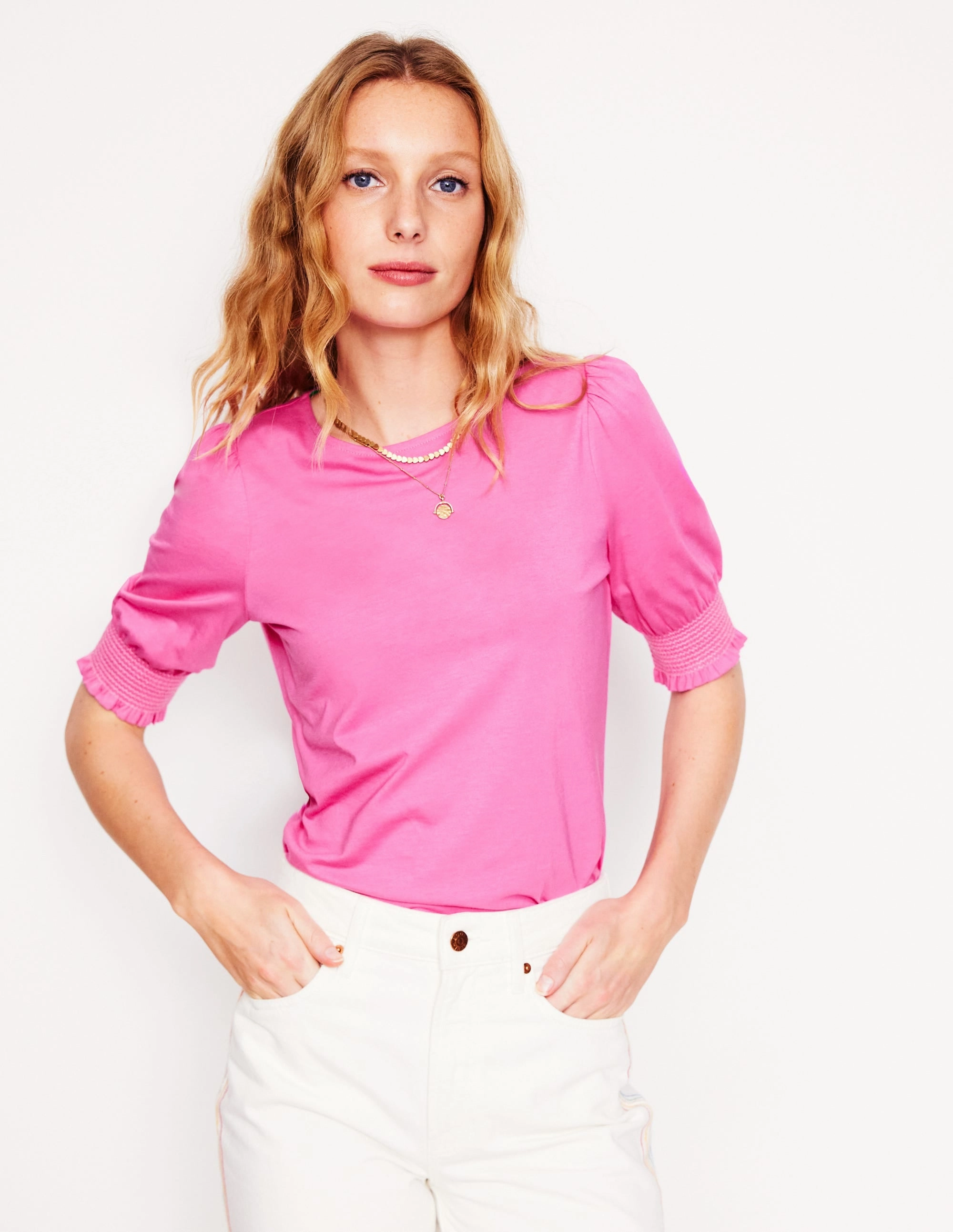 MeshVentilation Everyday Comfort Short Sleeve Smocked Cuff Top-Tickled Pink