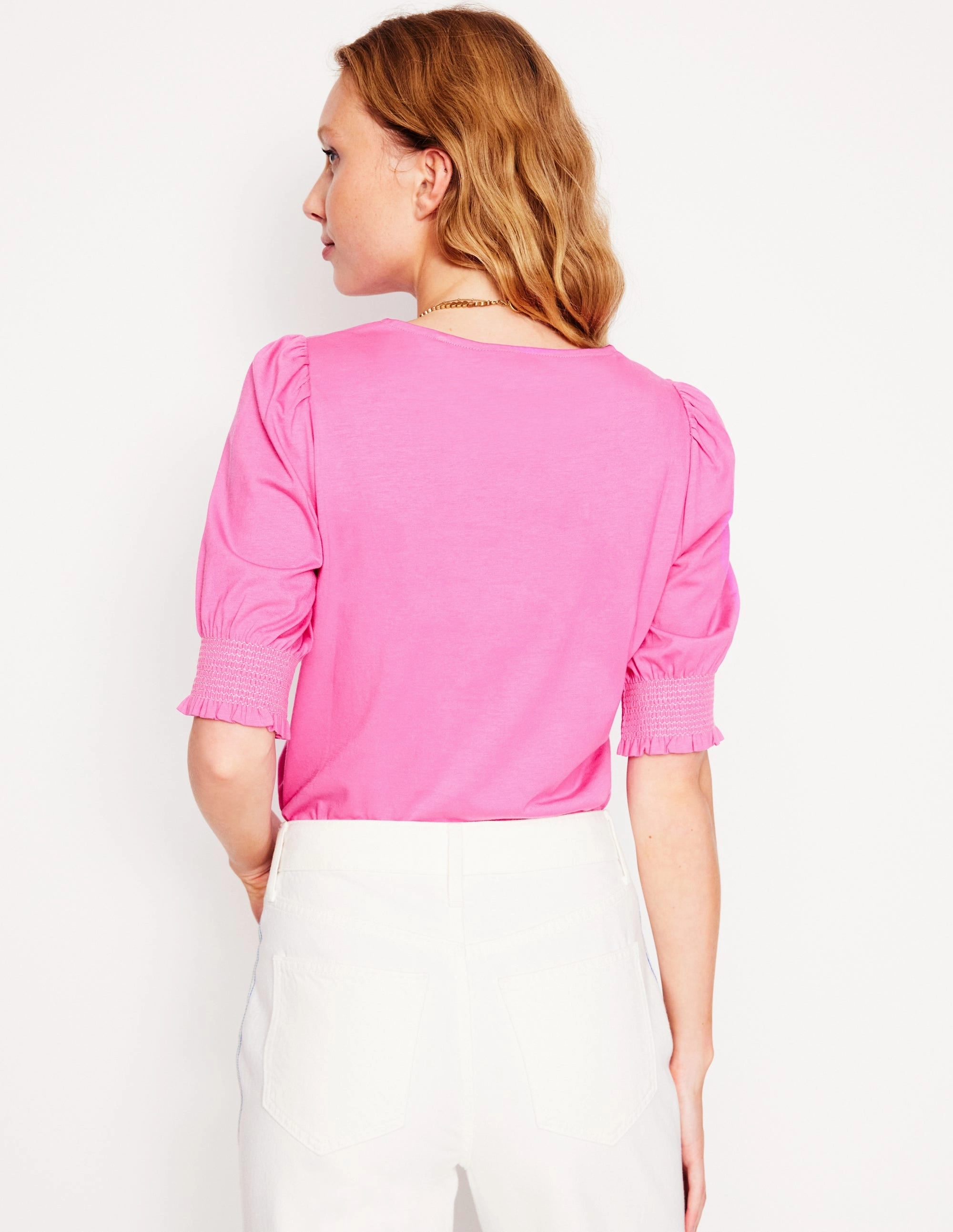 elegant design Short Sleeve Smocked Cuff Top-Tickled Pink