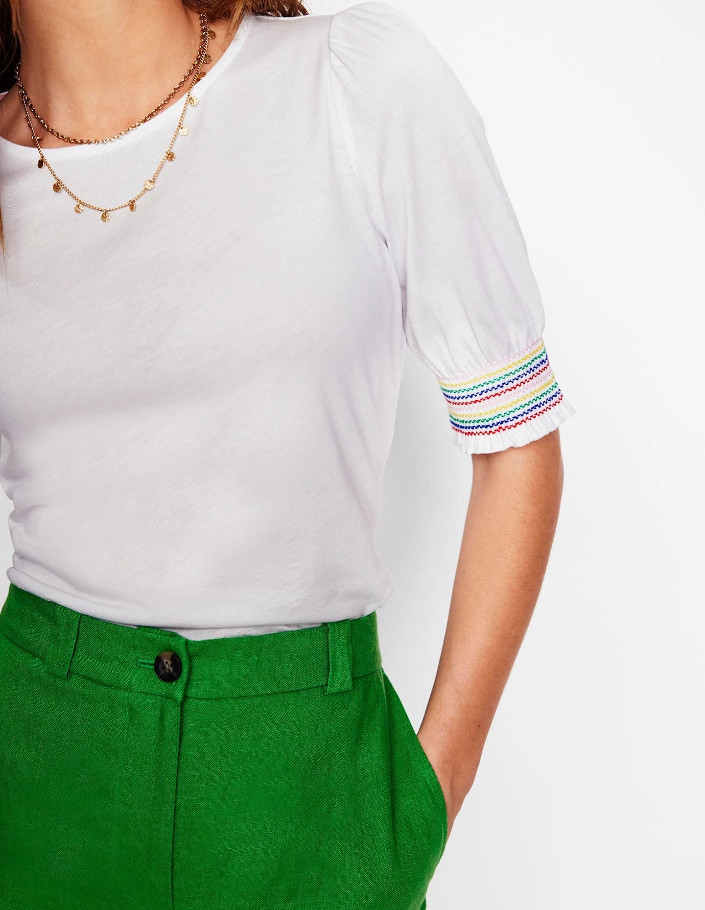 Short Sleeve Smocked Cuff Top-White StretchTechnology High Collar Option
