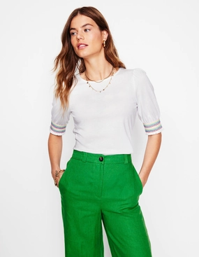 Reflective Detailing Short Sleeve Smocked Cuff Top-White