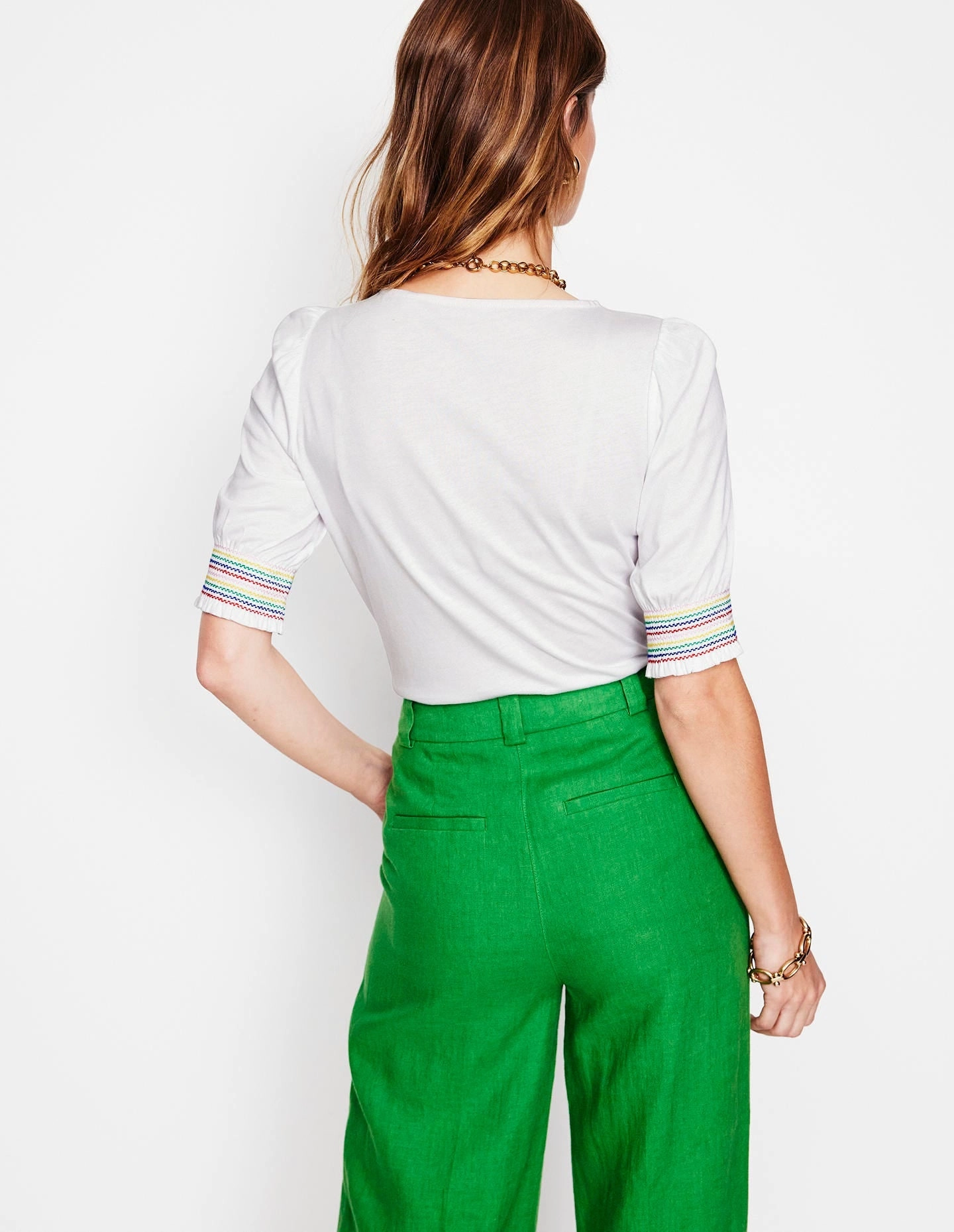 Formal Tank Garment Dyed Finish Short Sleeve Smocked Cuff Top-White