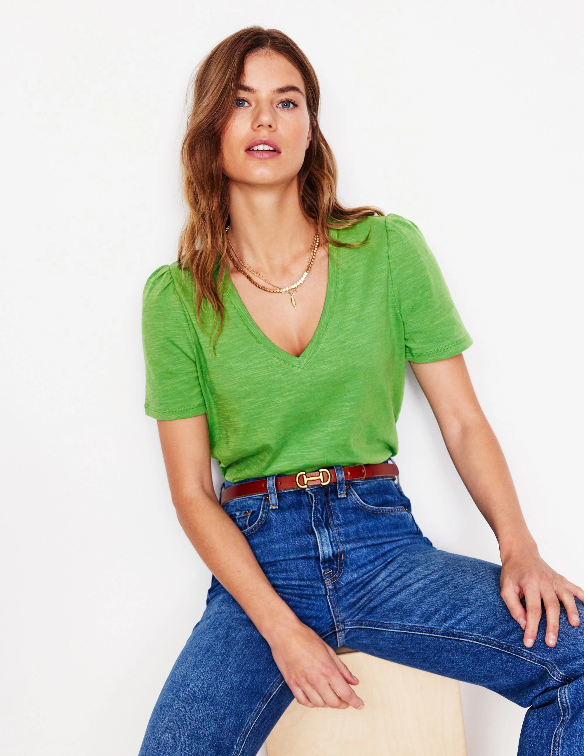 Short Sleeve V Neck T-shirt-Paradise Green Flexible Ribbed Cuffs Layered Ply Construction