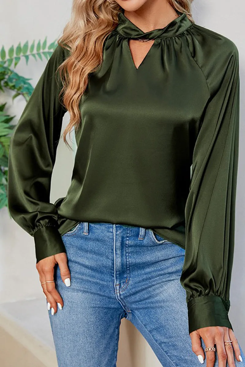 AbrasionResistantEdging ButterSoft Handfeel LOOSE FIT KEYHOLE NECK BUTTON CUFF GLOSSY BLOUSE