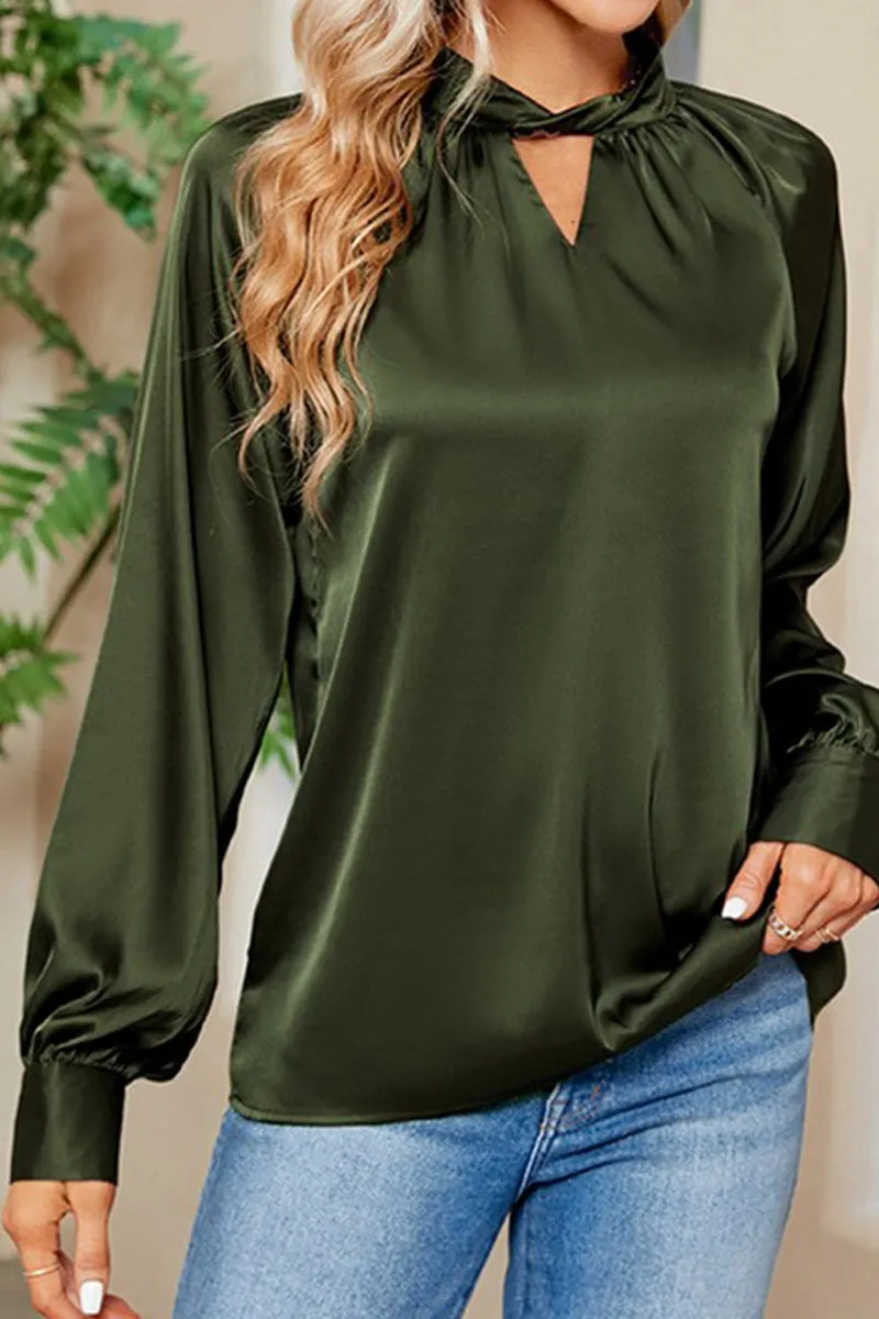LOOSE FIT KEYHOLE NECK BUTTON CUFF GLOSSY BLOUSE Four Way Stretch Fabric