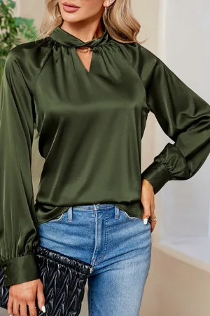 Comfy Fit LOOSE FIT KEYHOLE NECK BUTTON CUFF GLOSSY BLOUSE