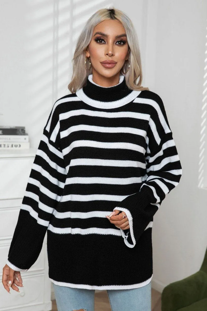 OdorResistantTreatment Soft Wool WOMEN STRIPED SIDE SLIT TURTLENECK LOOSE SWEATER