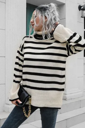 Stylish Jacket WOMEN STRIPED SIDE SLIT TURTLENECK LOOSE SWEATER