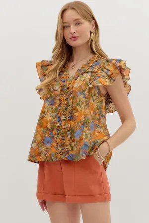 LayeredDurability Tagless Labeling Ciara Floral Ruffle Sleeve Top