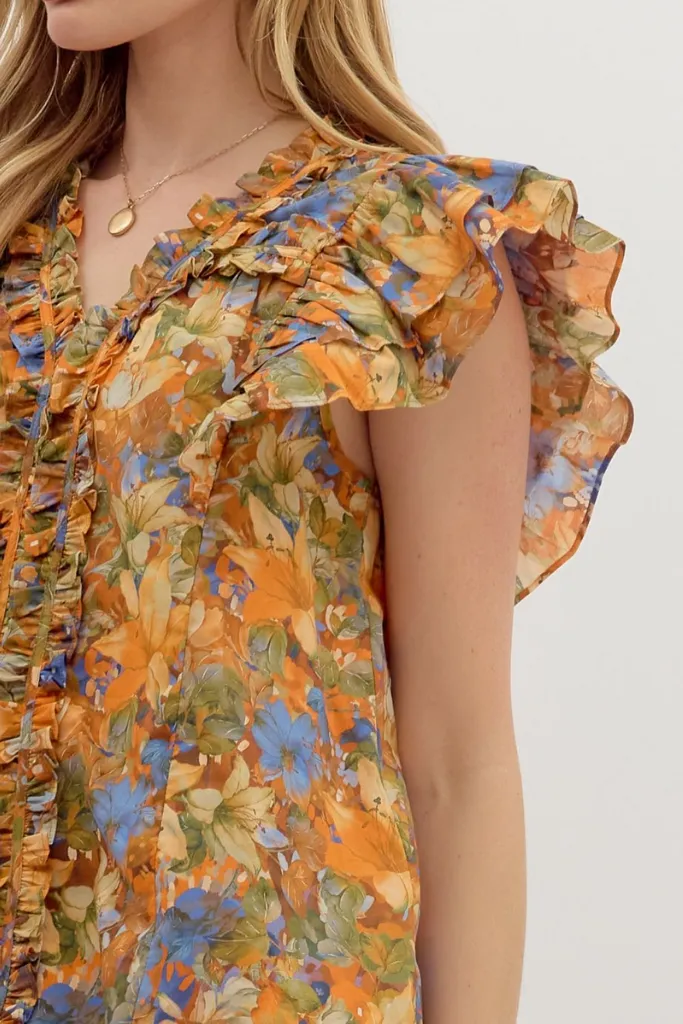 Tactile Soft Texture NonChafingEdges Ciara Floral Ruffle Sleeve Top