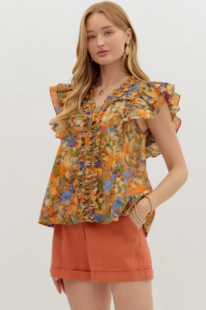 LayeredDurability Tagless Labeling Ciara Floral Ruffle Sleeve Top