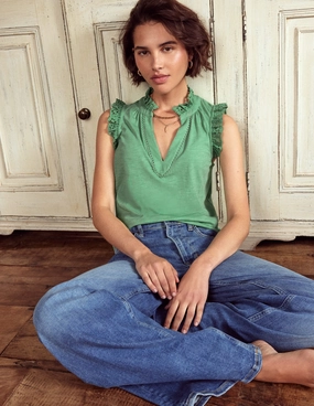 AdjustableClosure Aria Broderie Trim Vest-Aloe Green