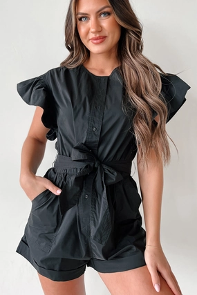 Fashion Daily Shula Button-Front Ruffle Sleeve Romper (Black)