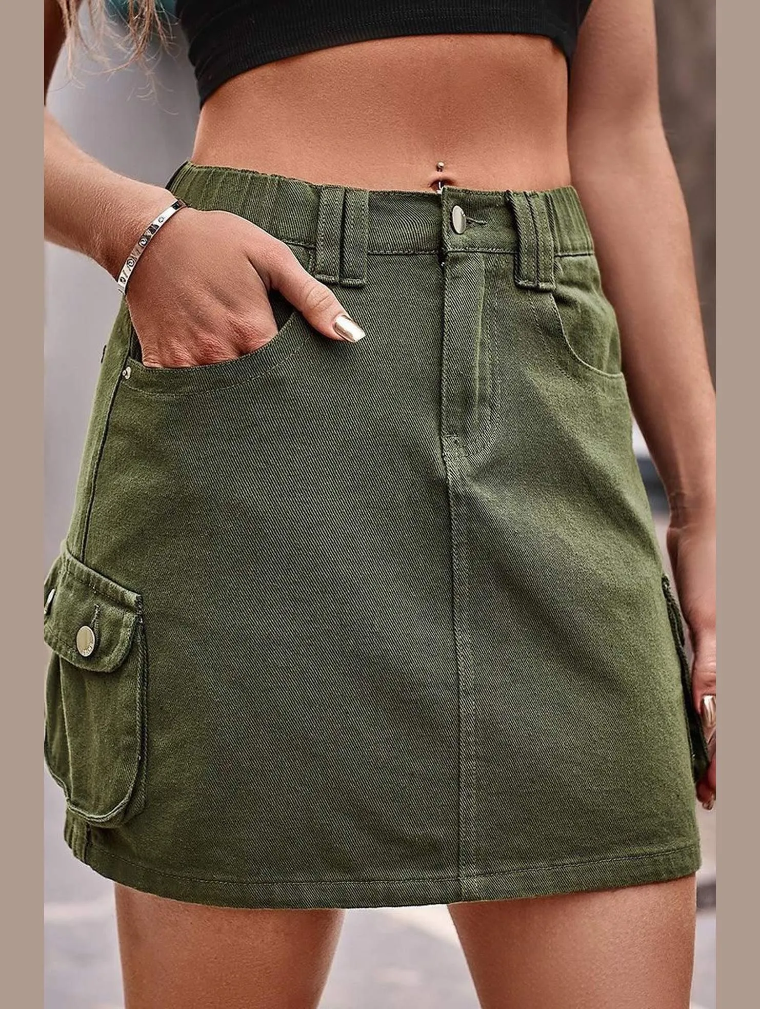 SIDE MINI POCKET ELASTIC WAIST CASUAL CARGO SKIRT MachineWashable