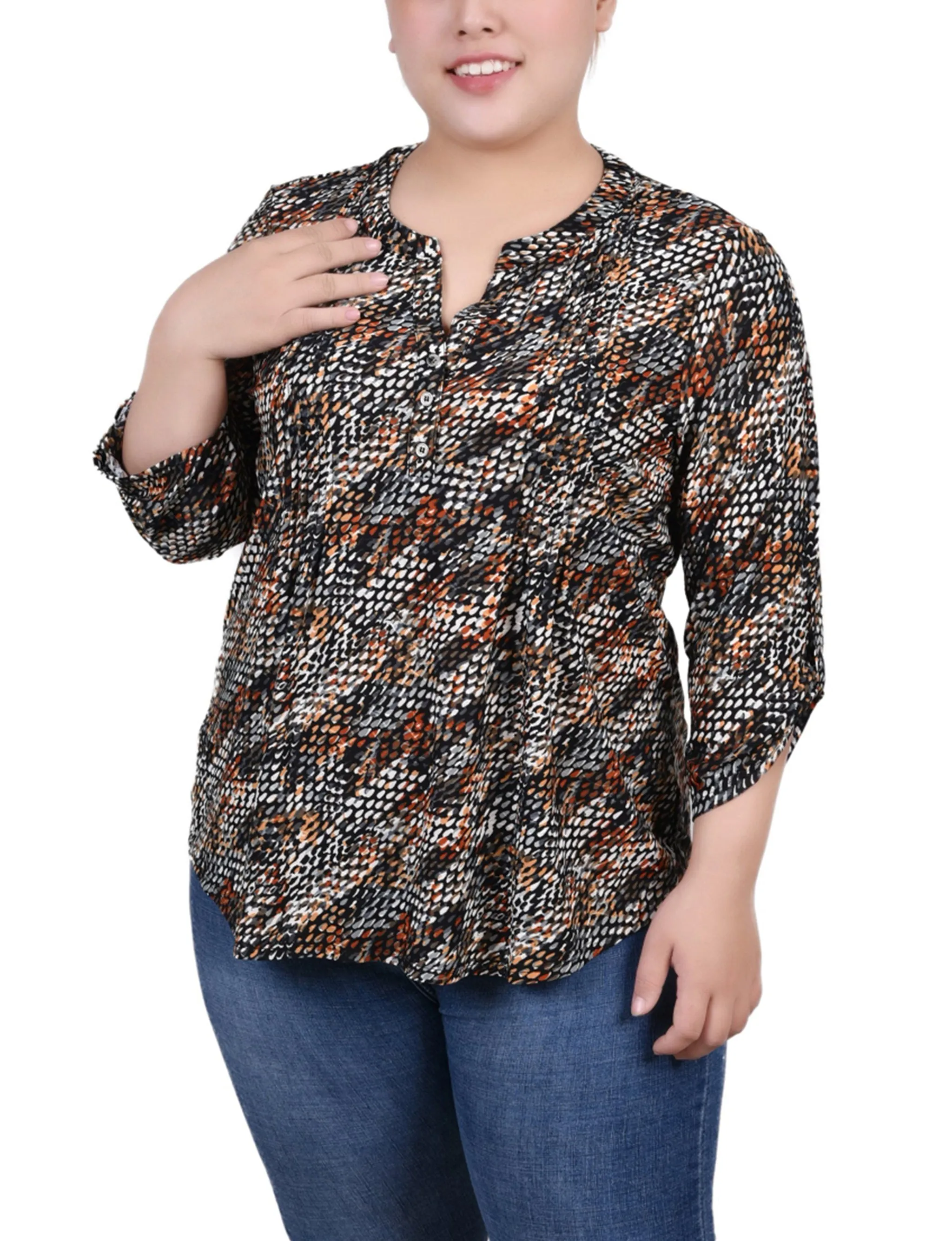NonRestrictive Armholes Plus Size 3/4 Roll Tab Pullover Top