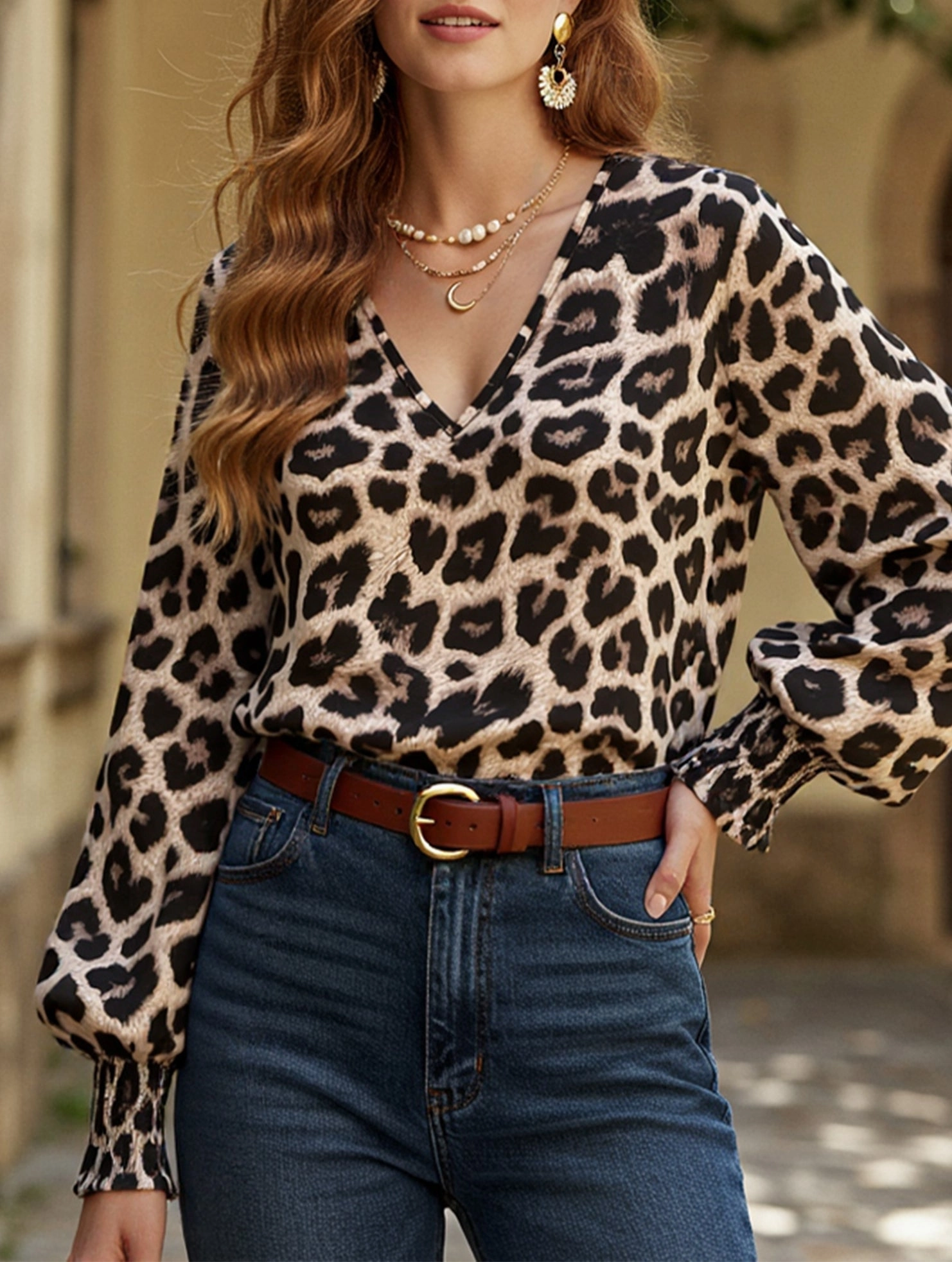 V-neck leopard print loose long-sleeved shirt FlexibleCollar Four Way Stretch Material