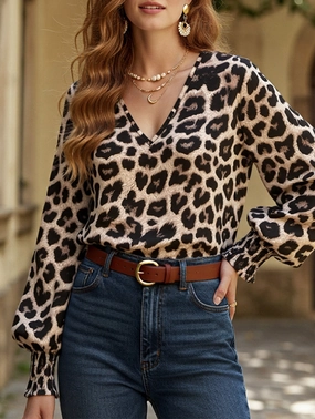 V-neck leopard print loose long-sleeved shirt Circular Knit