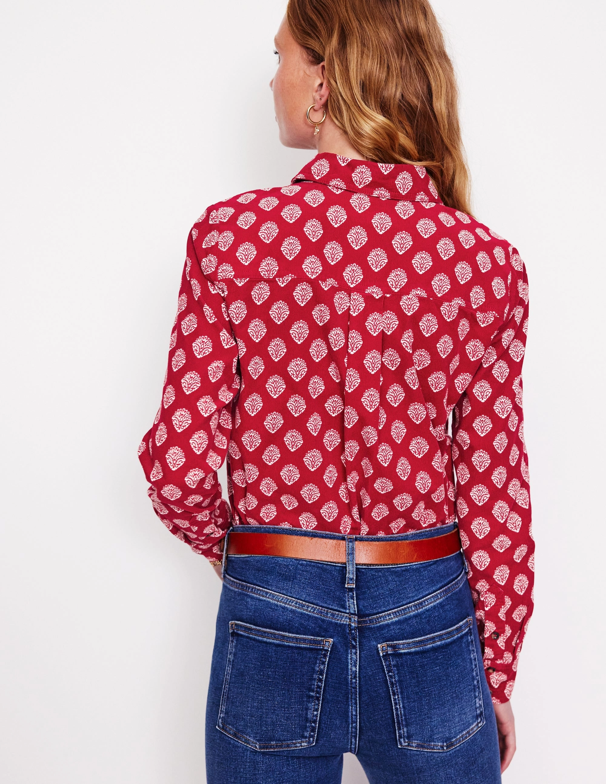 Comfortable Look Sienna Cord Shirt-Rythmic Red, Ornate Stamp