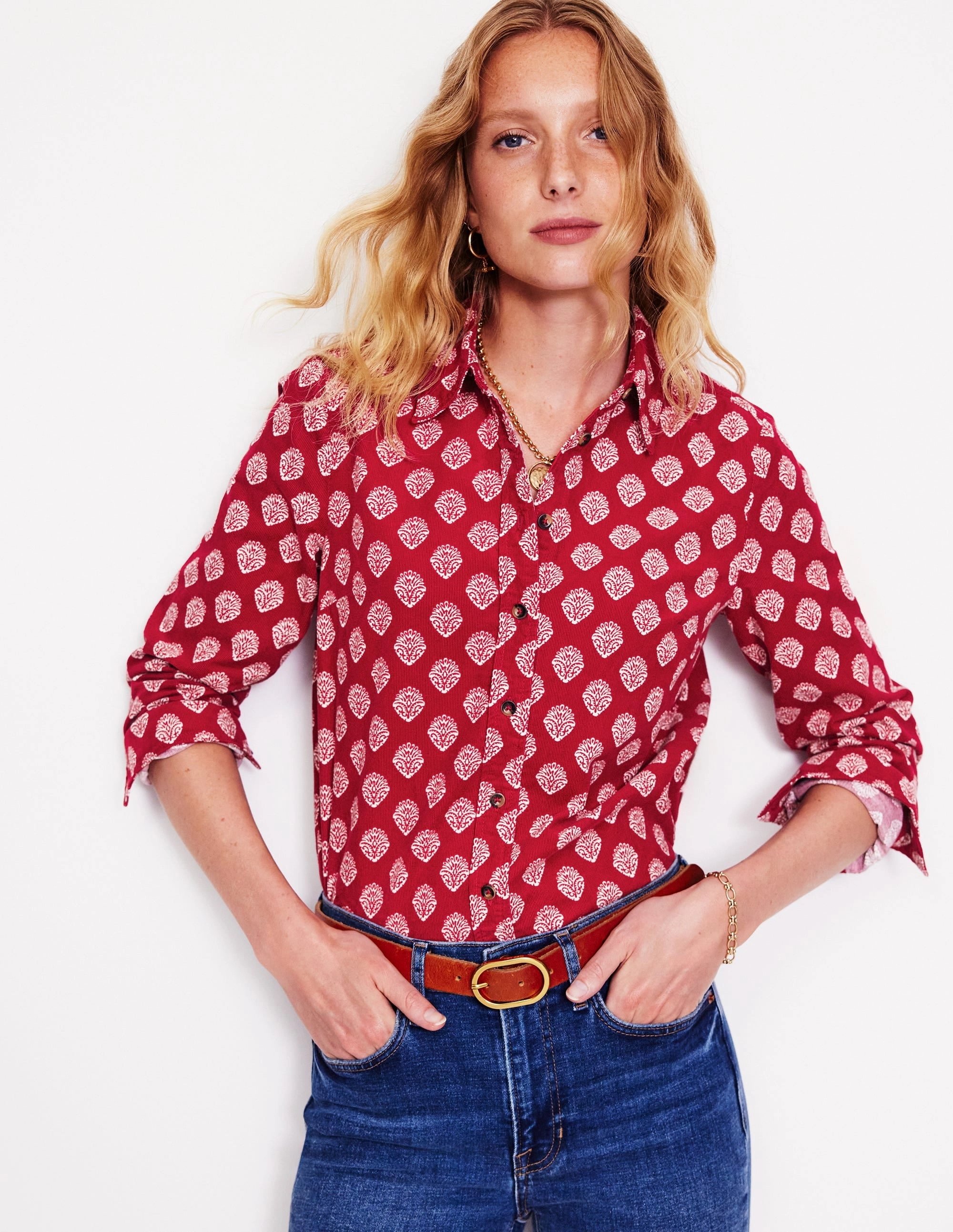 Sienna Cord Shirt-Rythmic Red, Ornate Stamp SublimatedPrint