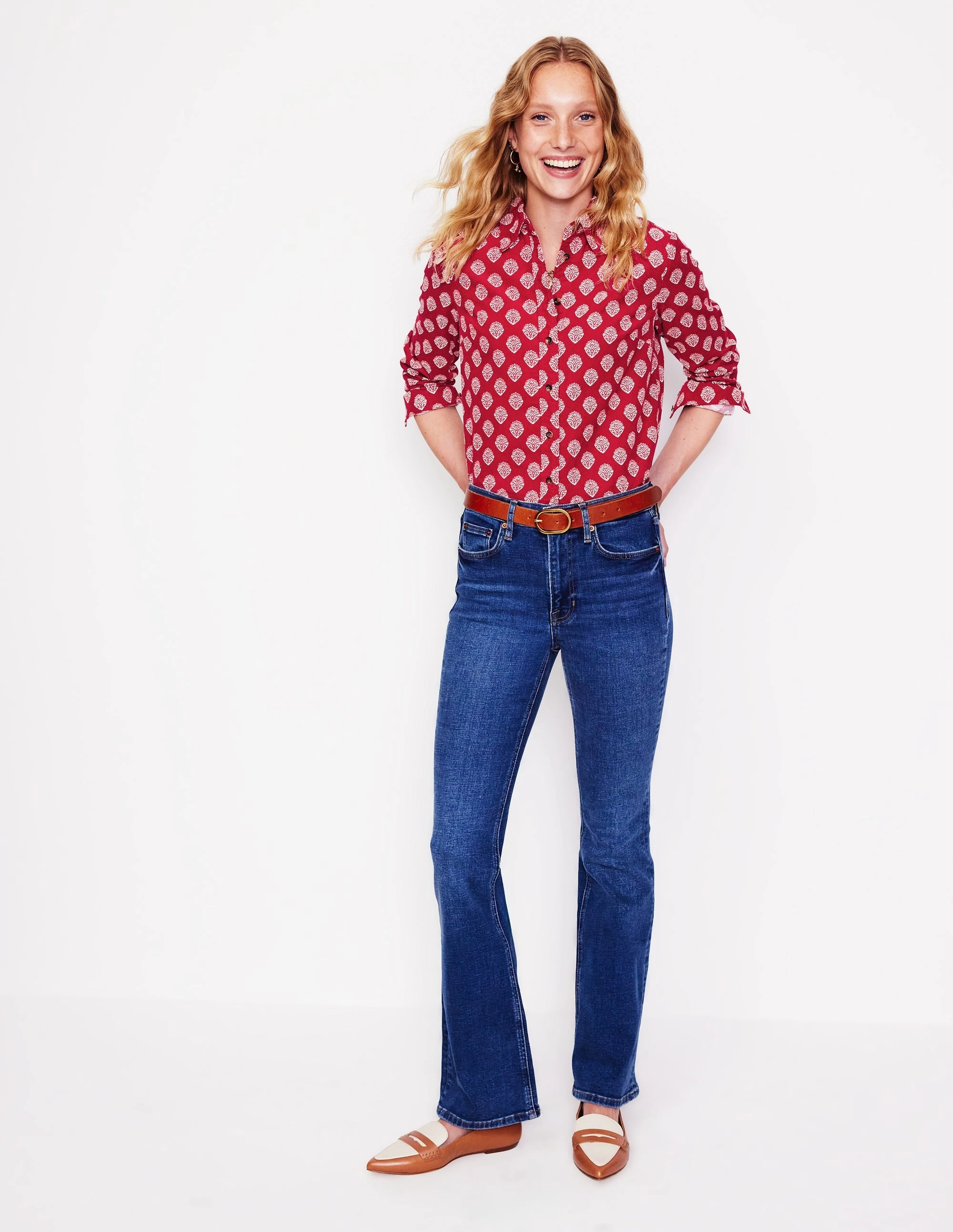 Sienna Cord Shirt-Rythmic Red, Ornate Stamp AntiOdorTechnology Scoop Neck Shape