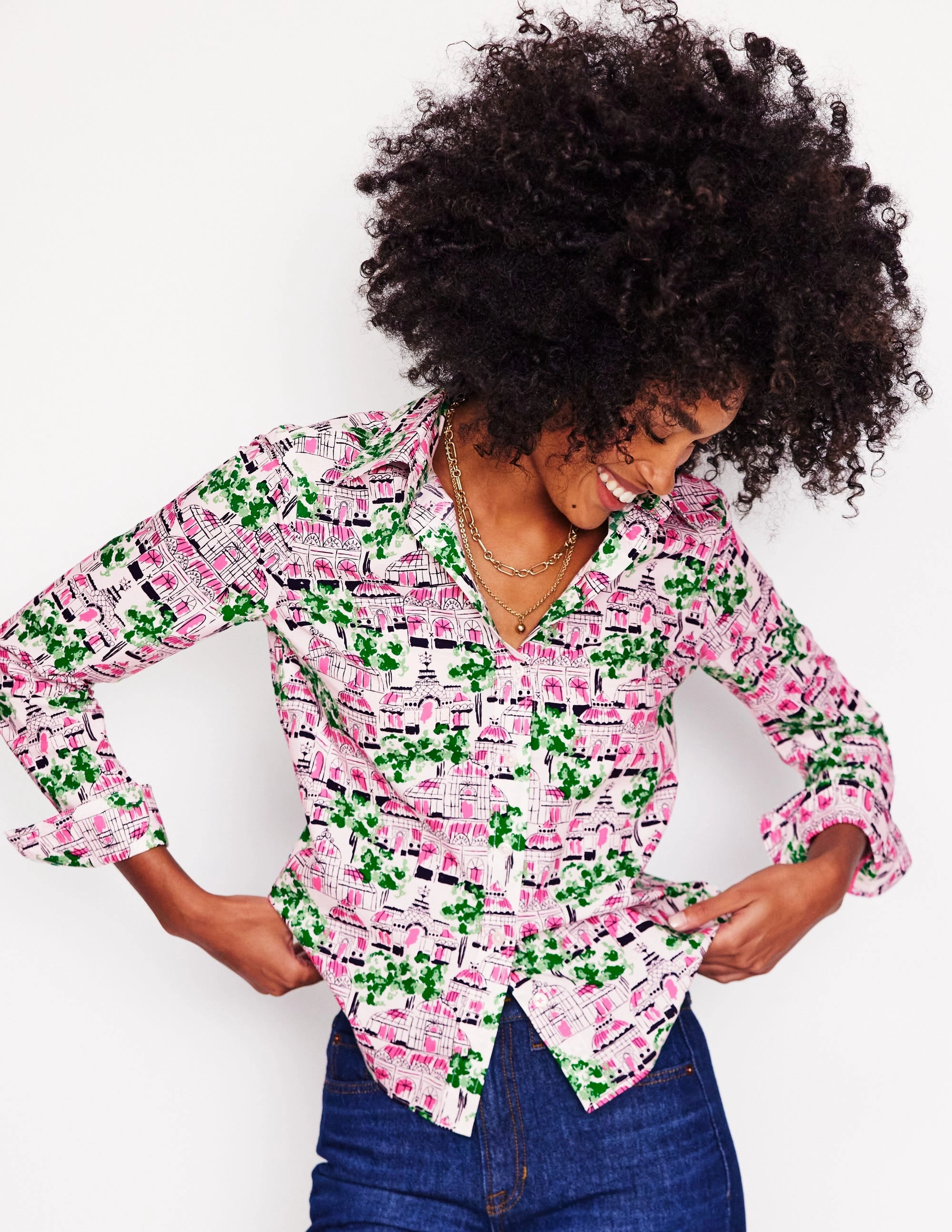 Sienna Cotton Shirt-Ivory, Botanical Greenhouse Seamless Knit Design
