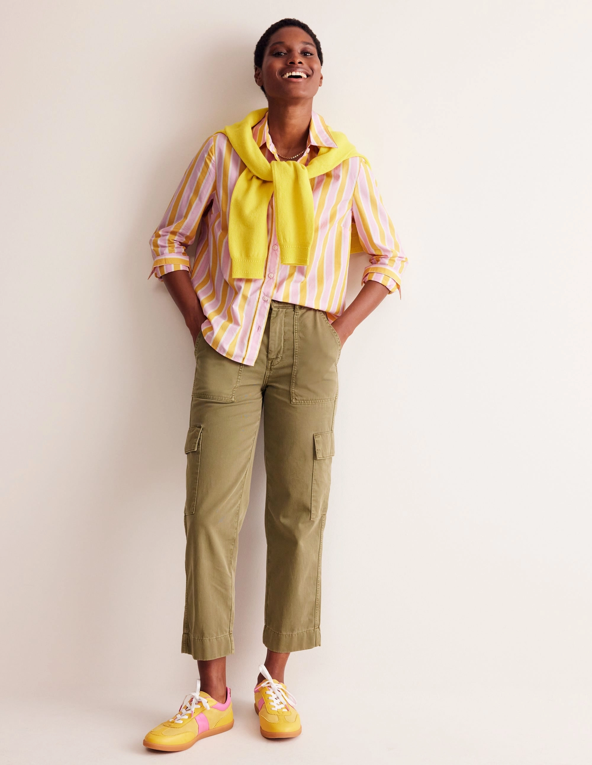 Curved Hem Design StretchTechnology Sienna Cotton Shirt-Mauve and  Yellow Stripe