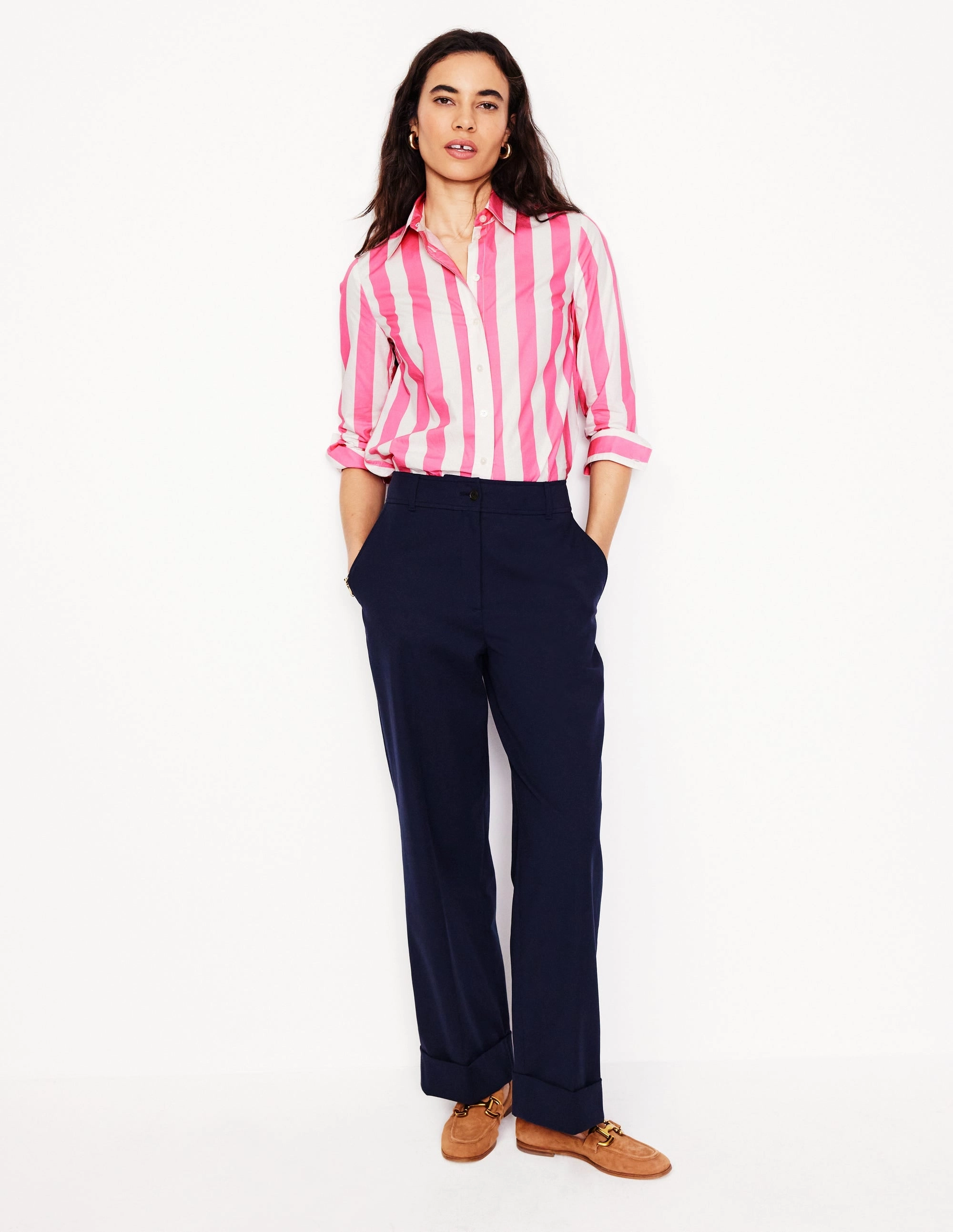 Buttery Soft Feel Linen Blend Fabric Sienna Cotton Shirt-Pink Rose Wide Stripe