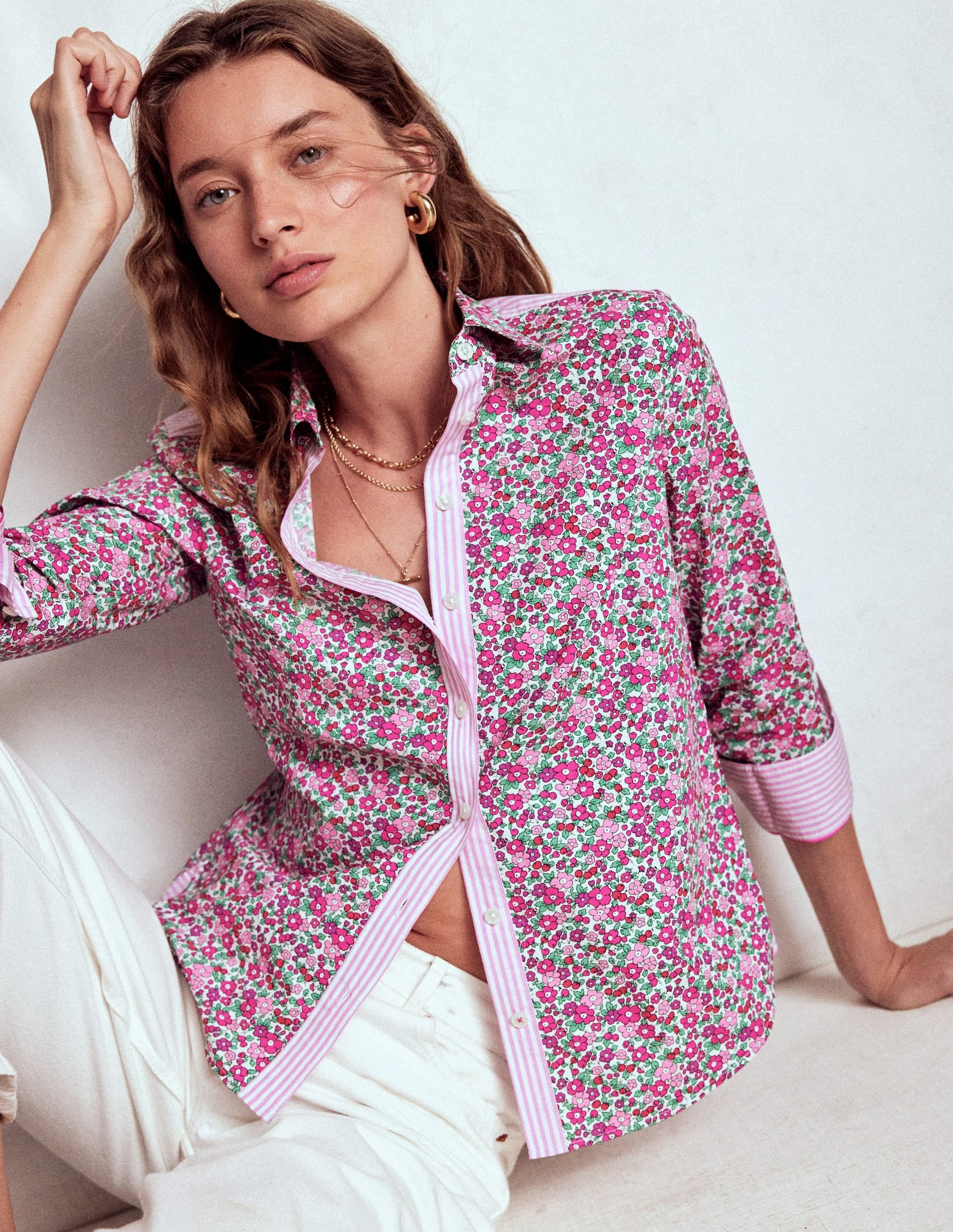 Sienna Cotton Shirt-Pop Pansy, Apple Blossom Reflective Safety Accents