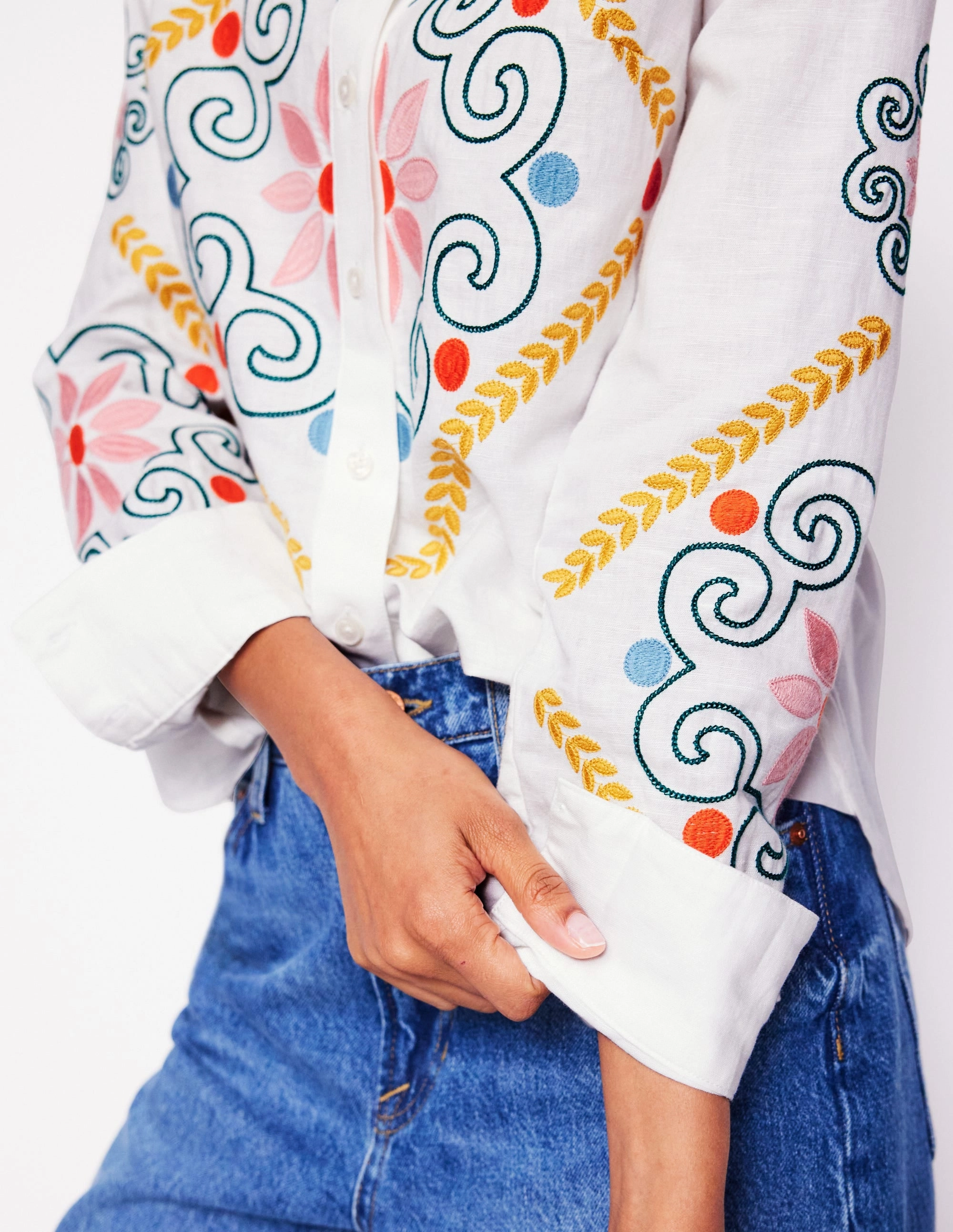Lightweight Layering Option Sienna Embroidered Linen Shirt-White