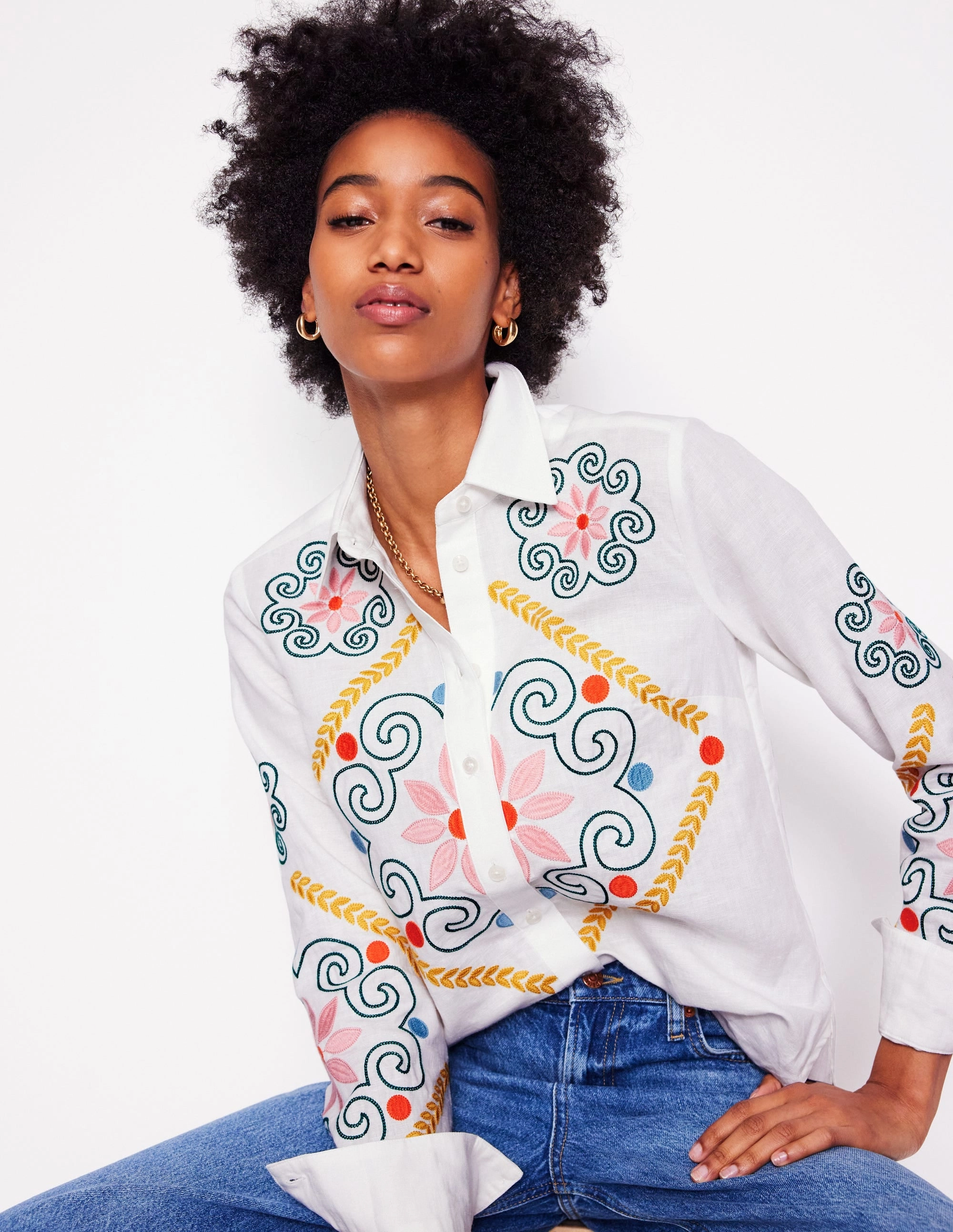 SnagProof Sienna Embroidered Linen Shirt-White