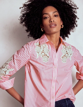 WrinkleFree Weave Sienna Interest Cotton Shirt-Pink and Ivory Cutwork Stripe