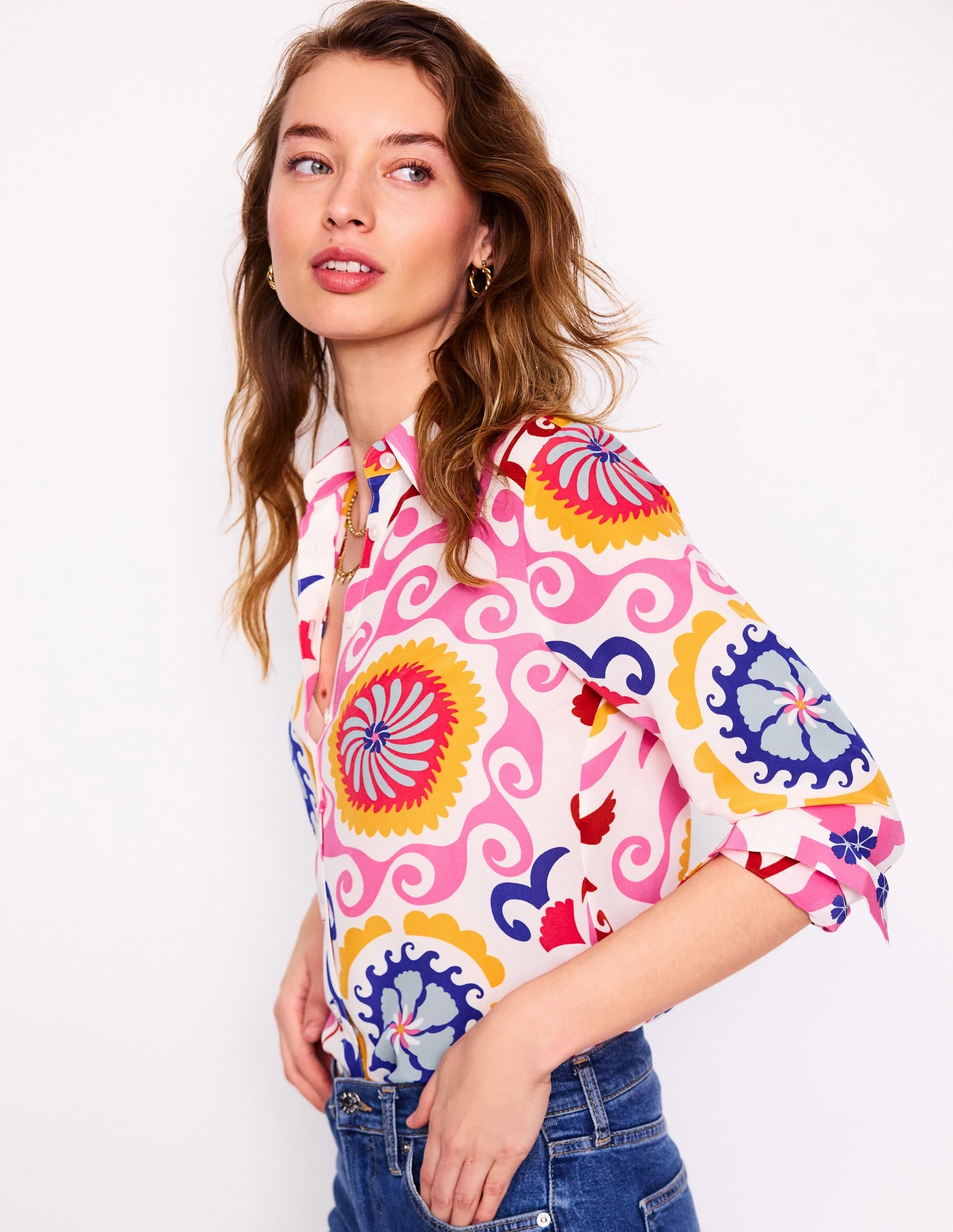 Sienna Silk Shirt-Multi, Ornamental Wave Double Needle Hemming Quick Dry Material