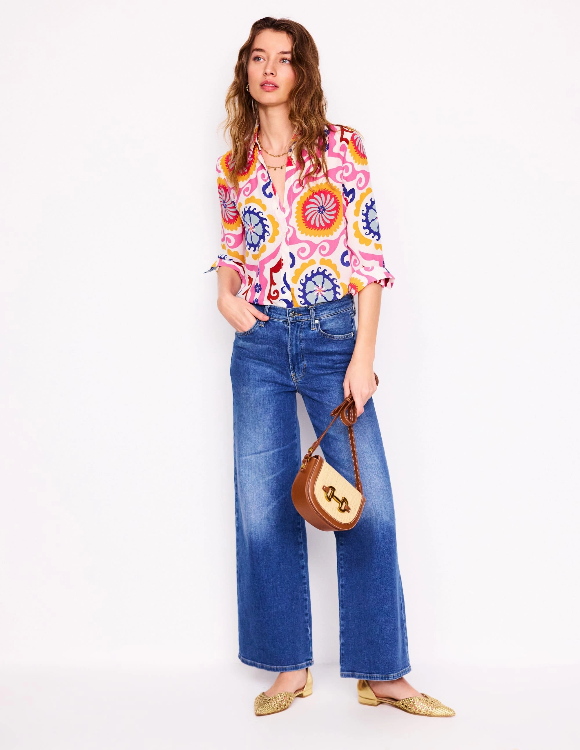 Sienna Silk Shirt-Multi, Ornamental Wave preshrunk