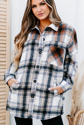 Eco Friendly Dye Heading North Oversized Colorblock Plaid Shacket (Camel/Rust)