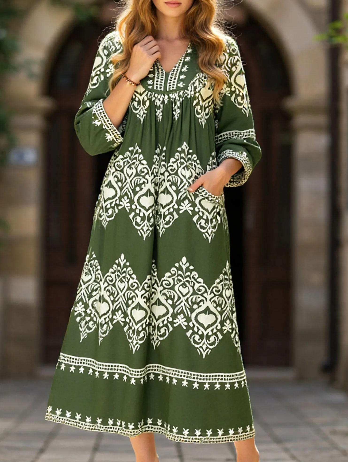 Ethnic style geometric print loose dress Fringe-Detail Polished Layer