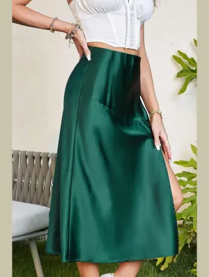 Cozy Waist SILKY SATIN ELASTIC WAIST A LINE SKIRT WITH SLIT