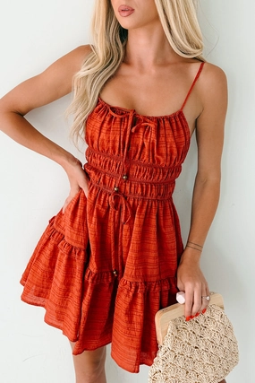 Relaxed Mood Romantic Bloom Deeply In Love Striped Ruffle Tier Mini Dress (Brick)
