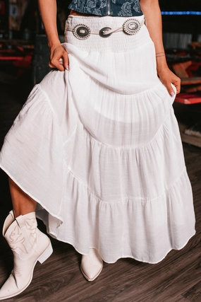 Casual Active Stretch Flex Simply Content Tiered Maxi Skirt (White)