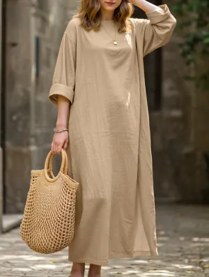 Pleat-Front Retro long-sleeved round neck loose dress