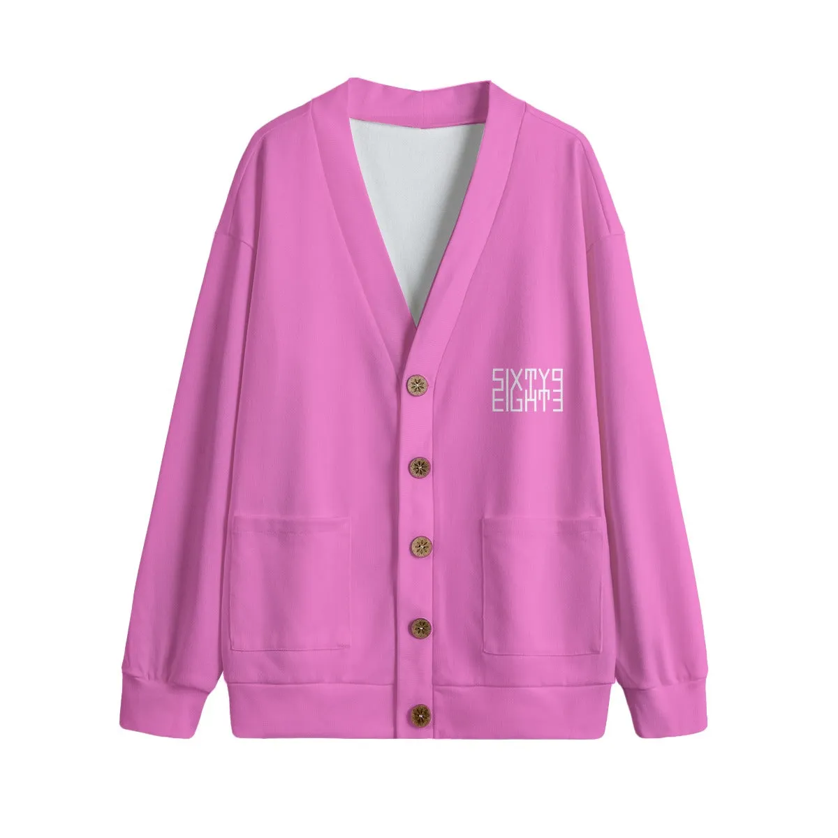 Sixty Eight 93 Logo White Pink Unisex V-Neck Knitted Fleece Cardigan