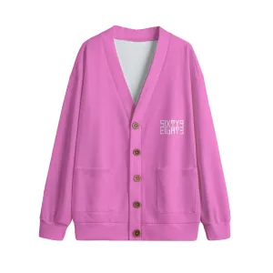 Sixty Eight 93 Logo White Pink Unisex V-Neck Knitted Fleece Cardigan