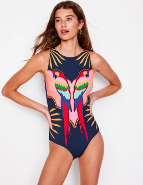 Slash Neck Tie Swimsuit-Navy Paradise Parrot Water Sport Attire Vibrant Style