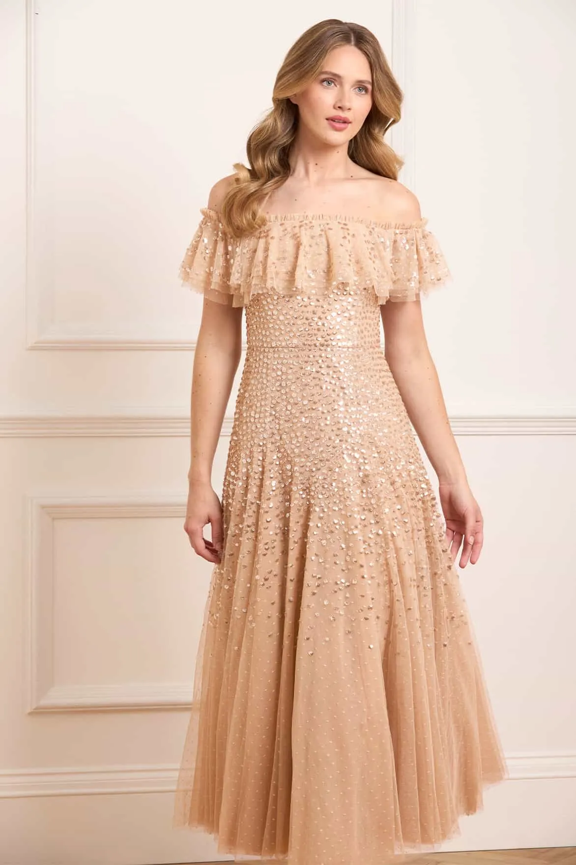 Dappled Sequin Off-Shoulder Ankle Gown Formal Style Autumn Ready