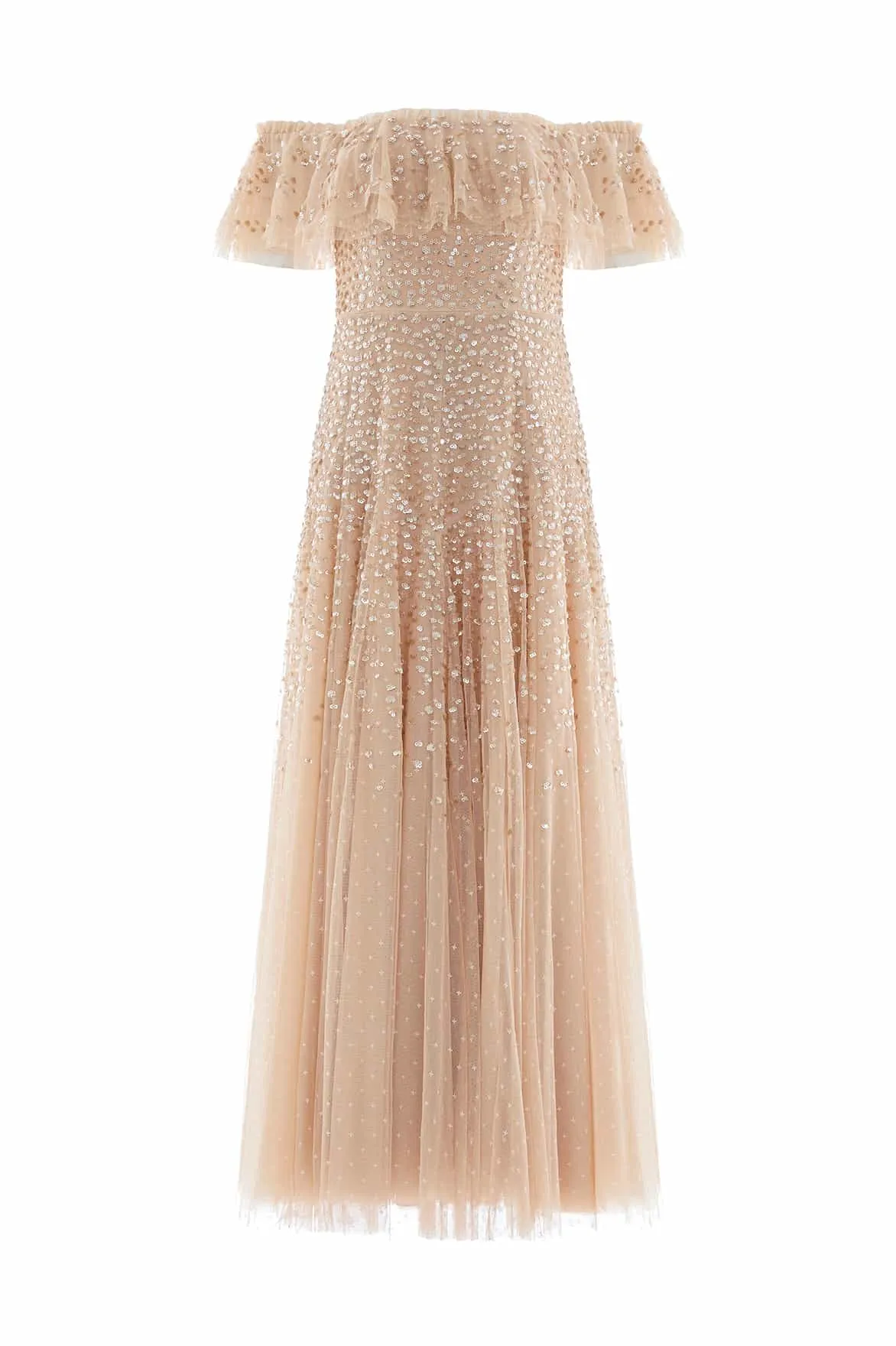 Perfect Shape Bold-Color Dappled Sequin Off-Shoulder Ankle Gown